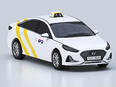 White Hyundai Taxi Car With Yellow Stripes And Roof Taxi Sign 3d model