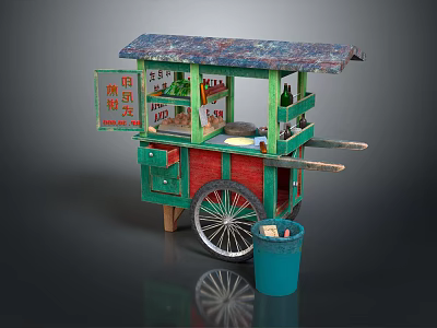 Traditional Street Vendor Cart With Green Red Body Awning Display Shelves And Blue Trash Bin 3d model
