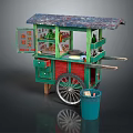 Traditional Street Vendor Cart With Green Red Body Awning Display Shelves And Blue Trash Bin