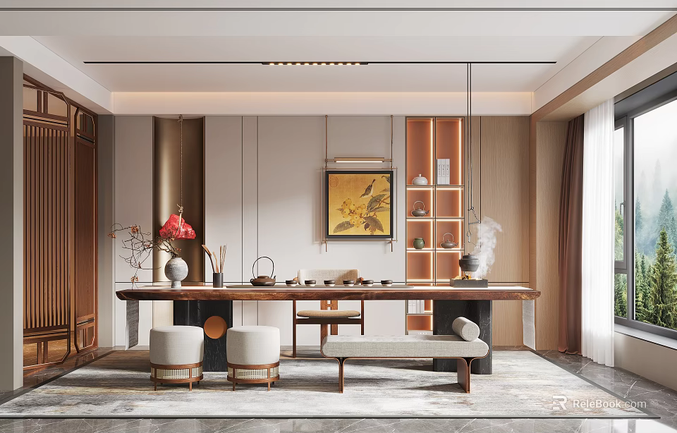 Traditional Tea Room Interior With Long Wooden Table Red Lantern Hanging Painting And Tea Set 3d model 