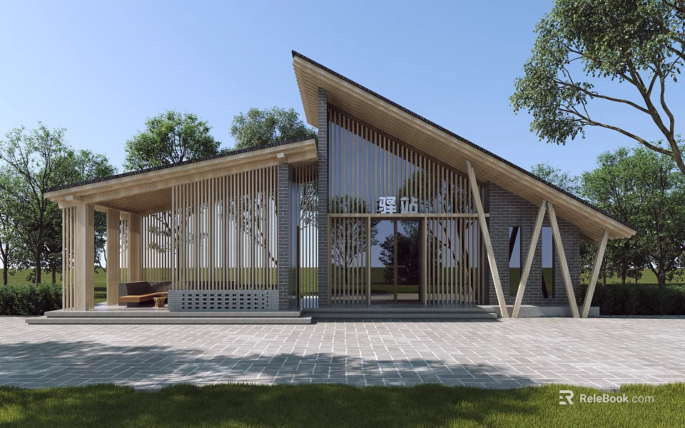Modern Post Station With Wooden Structure Glass Curtain Walls And Brick Courtyard Surrounded By Trees 3d model 