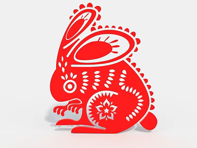 Red Paper Cut Rabbit Shaped Decorative Household Item With Intricate Patterns 3d model