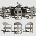 Modern Round Dining Table Set With Light Gray Upholstered Chairs And Metal Frame 3d model