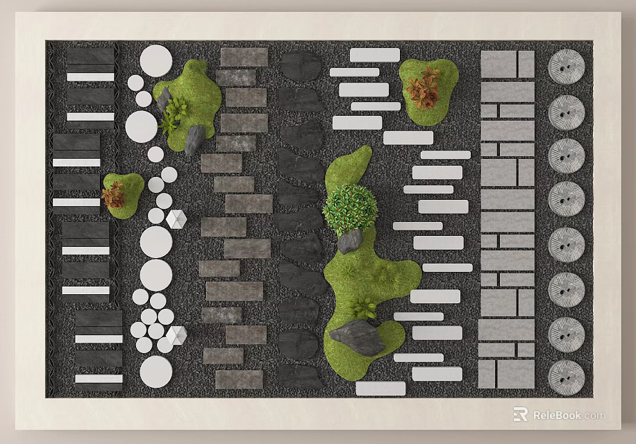 Garden Paving Design With Various Brick Shapes Circular Patterns And Green Plants 3d model 