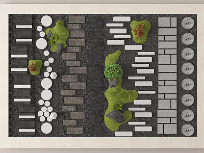 Garden Paving Design With Various Brick Shapes Circular Patterns And Green Plants 3d model
