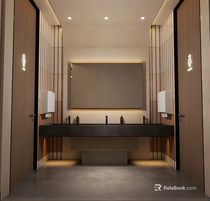 Modern Public Restroom Interior With Washbasin Large Mirror And Dispensers 3d model 