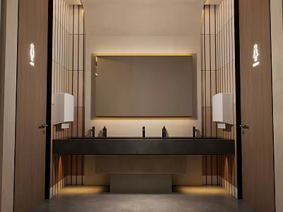 Modern Public Restroom Interior With Washbasin Large Mirror And Dispensers 3d model