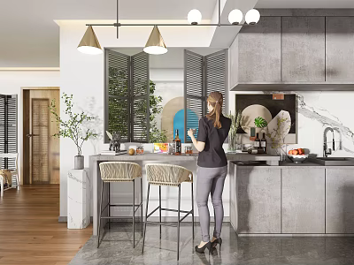 Modern Kitchen Interior With Bar Counter Marble Top Bar Stools Pendant Lights And Cabinets 3d model