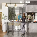 Modern Kitchen Interior With Bar Counter Marble Top Bar Stools Pendant Lights And Cabinets