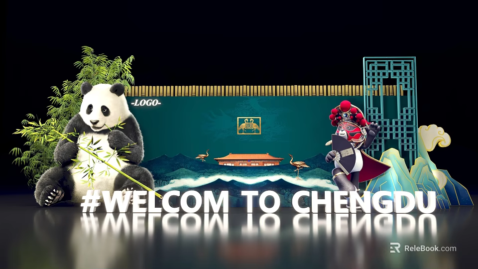 Welcome to Chengdu Featuring Panda Bamboo Traditional Architecture And Cranes 3d model 