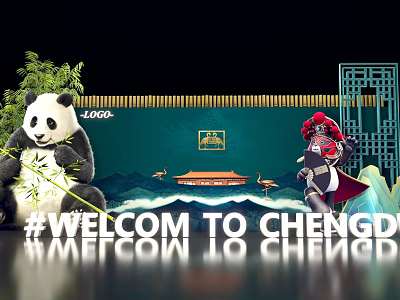 Welcome to Chengdu Featuring Panda Bamboo Traditional Architecture And Cranes 3d model