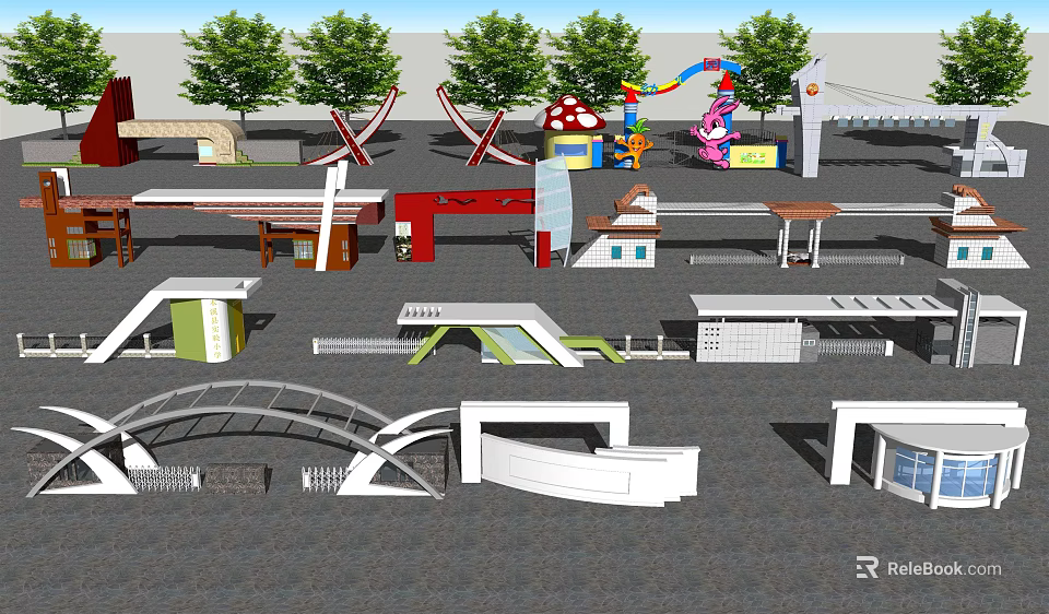 Modern Entrance Gates Design With Various Styles Shapes And White Canopies 3d model 