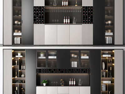 Modern Wine Cabinet With Glass Doors Wine Bottles Glasses And Lighting 3d model
