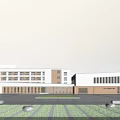 Modern School Building Featuring Multi story Structure Front Plaza Green Lawn And Active People