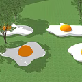 Outdoor Landscape Seats with Fried Egg Shape in Grassland with Trees and People Sitting