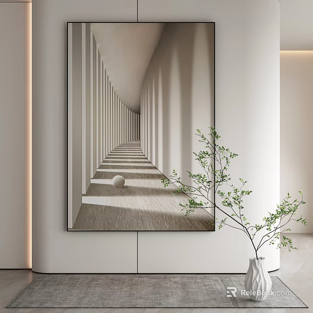 Modern Minimalist Interior With Large Abstract Corridor Painting And Green Plant Decor 3d model 