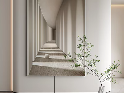 Modern Minimalist Interior With Large Abstract Corridor Painting And Green Plant Decor 3d model