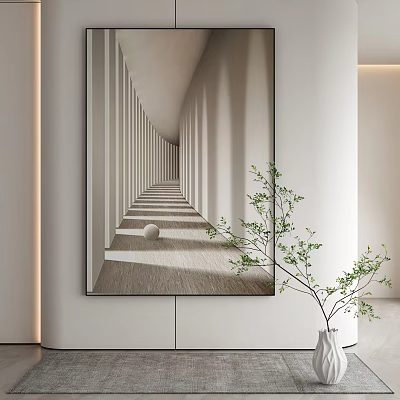 Modern Minimalist Interior With Large Abstract Corridor Painting And Green Plant Decor 3d model