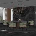 Modern Restaurant Interior With Round Dining Table Upholstered Chairs Copper Chandelier And Stone Feature Wall