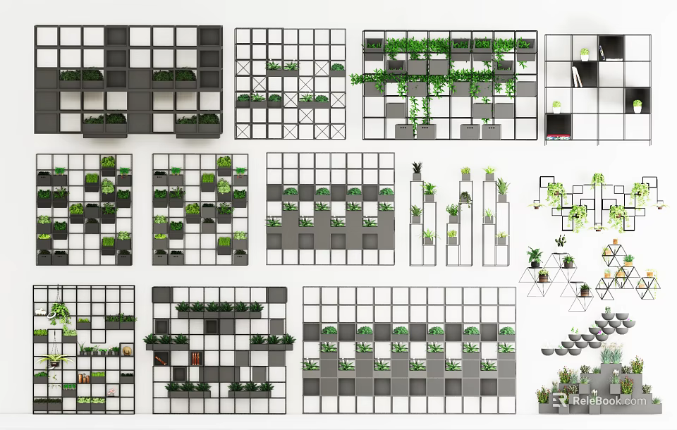 Various Grid Style Vertical Garden Displays With Green Plant Arrangements And Wall Planters 3d model 