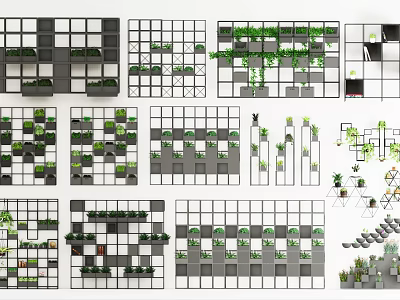 Various Grid Style Vertical Garden Displays With Green Plant Arrangements And Wall Planters 3d model