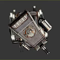 Rusty Metal Robot With Four Mechanical Legs And Yellow Head Light