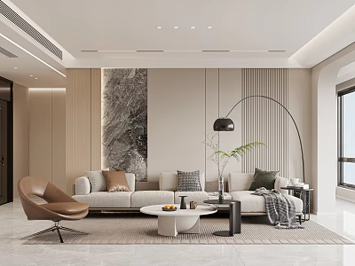 Elegant Modern Living and Dining Room Interior With Sofa Coffee Table Armchair and Floor Lamp 3d model