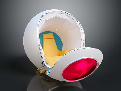 Egg Shaped Pod Interior With Yellow Blue Seats And White Exterior Red Base 3d model