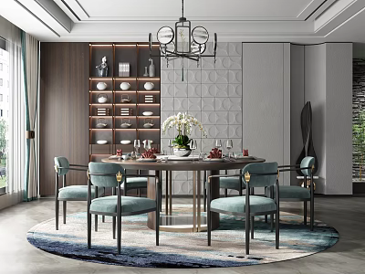 Modern Dining Table Set With Light Blue Chairs Metal Chandelier And Wooden Display Cabinet 3d model