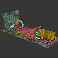 Yellow Construction Excavator And Dump Truck Working On Rocky Grassy Terrain