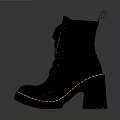 Stylish Black Leather Boots with Lace Up Design Block Heel Thick Sole and Yellow Stitching