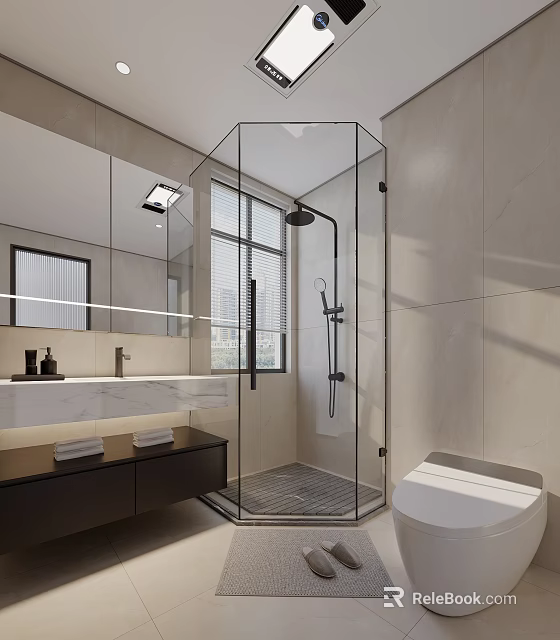 Modern Bathroom Interior With Glass Shower Enclosure Large Mirror Marble Countertop And Wall Mounted Toilet 3d model 