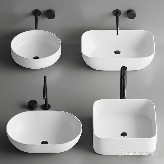 White Round and Square Washbasins with Black Faucets in Modern Bathroom Design 3d model 