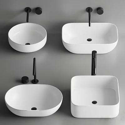 White Round and Square Washbasins with Black Faucets in Modern Bathroom Design 3d model