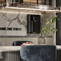 Sleek Modern Kitchen Pendant Light Hanging Over Marble Counter With Glass Cabinets