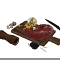 Raw Meat with Cracked Eggs Mushrooms Garlic on Wooden Cutting Board Pepper Grinder and Sauce