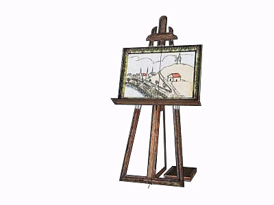 Wooden Easel With Rural Landscape Painting Featuring House And Trees 3d model