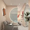 Beauty Hairdressing Embroidery Service Booth With Modern Mirror Comfortable Chairs Green Plants And Beauty Products