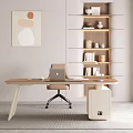 Modern Home Office Desk With Laptop Chair Bookshelf Wall Art And Area Rug