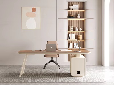 Modern Home Office Desk With Laptop Chair Bookshelf Wall Art And Area Rug 3d model