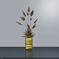 Yellow Vase With Dried Brown Flowers On Smooth Surface Against White Wall