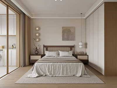 Cozy Modern Bedroom Interior Featuring Wooden Bed Nightstands Wall Lamps And Decorative Art 3d model