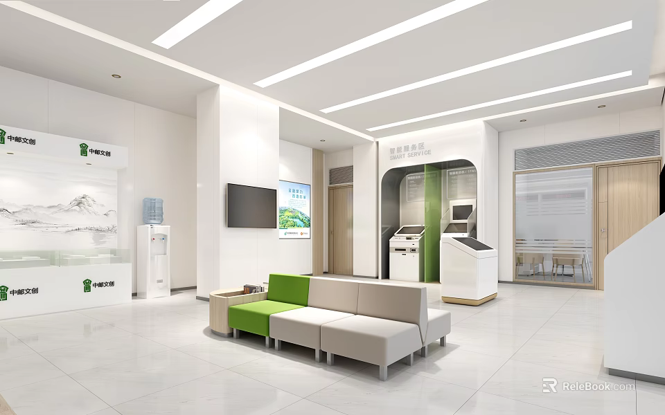 Modern Bank Lobby Interior With Self Service Kiosks And Comfortable Seating 3d model 