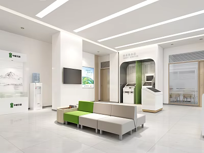 Modern Bank Lobby Interior With Self Service Kiosks And Comfortable Seating 3d model