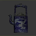 Traditional Blue and White Teapot with Landscape Pattern Bird Shaped Spout and Silver Lid