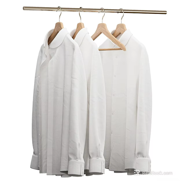 Classic White Shirts Hanging Neatly On Wooden Hangers For Daily And Formal Wear 3d model 