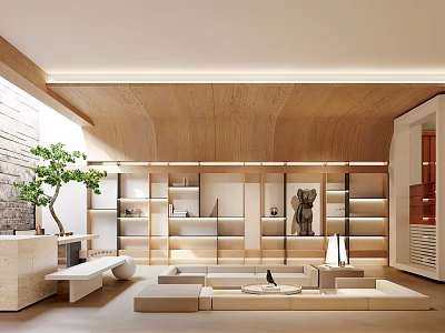 Basement Modern Interior Design With Wooden Ceiling Built In Bookshelves Comfortable Sofa And Potted Plant 3d model