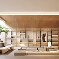 Basement Modern Interior Design With Wooden Ceiling Built In Bookshelves Comfortable Sofa And Potted Plant