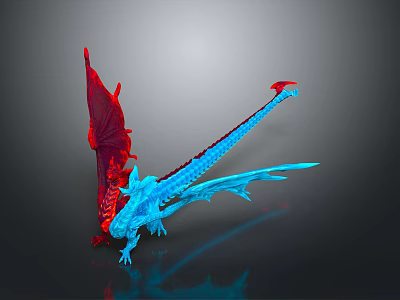 Mythical Dragon 3D Model With Red Wings Blue Scales And Glowing Tail On Dark Background 3d model