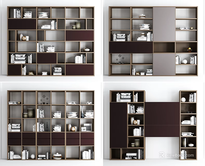 Modern Bookcase Designs With Different Sized Shelves Storage Spaces And Decor Items 3d model
